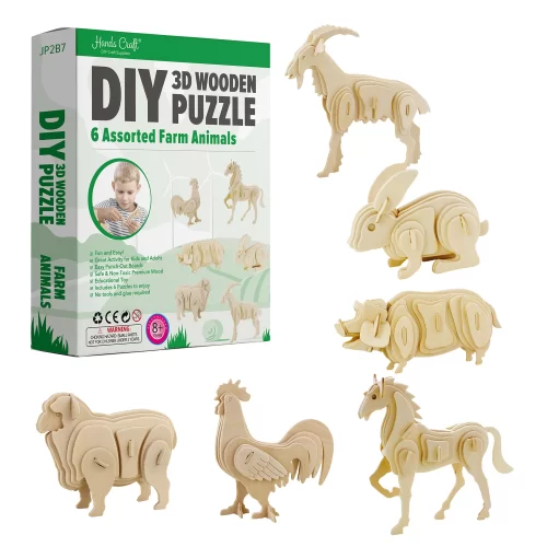 DIY 3D Wooden Puzzle 6 Assorted Farm Animals by Hands Craft